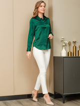 [أخضر غامق] SilkSilky-SA Long Sleeve Lapel Collar بلايز نسائية 006