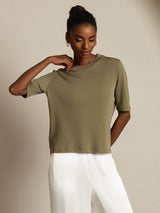 [زيتوني محروق] SilkSilky-SA Half Sleeve Crew Neck تي شيرت نسائية 008