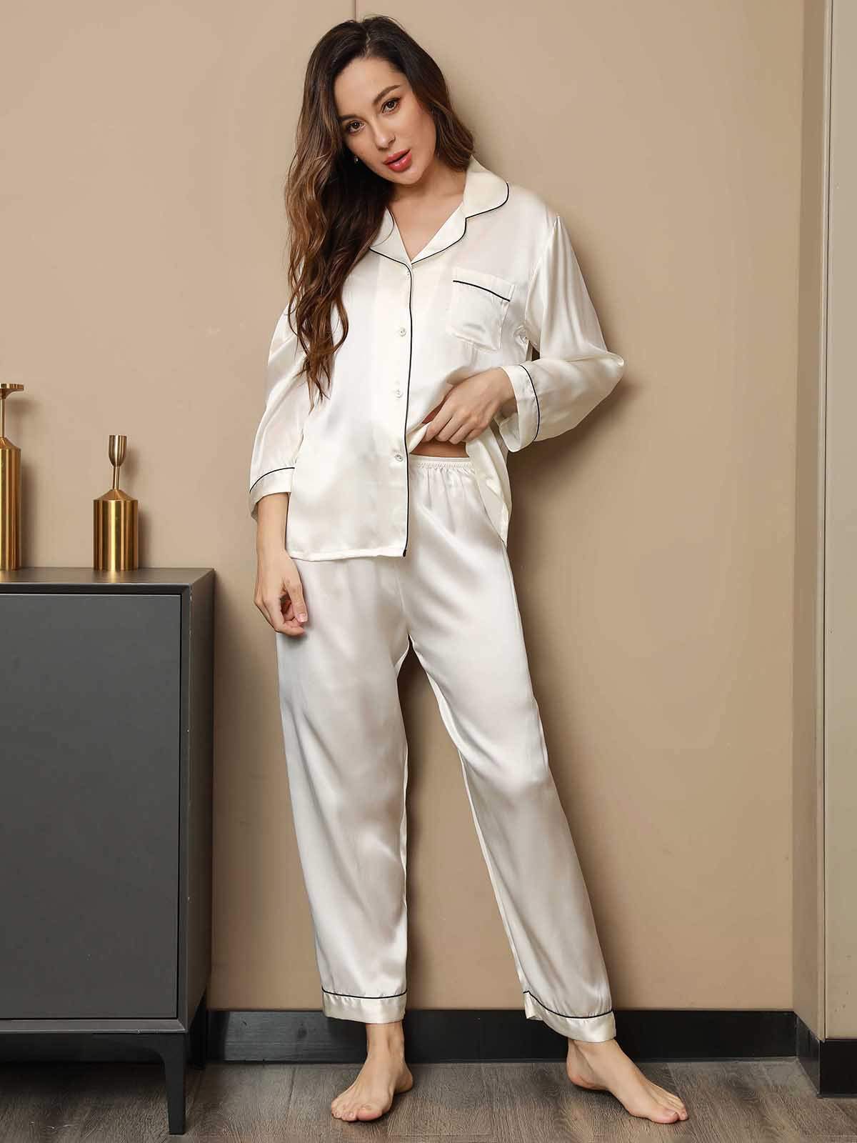 [أبيض] SilkSilky-SA الحرير الخالص Womens Pajamas 004