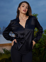 [أسود] SilkSilky-SA Long Sleeve Lapel Collar بلايز نسائية 001