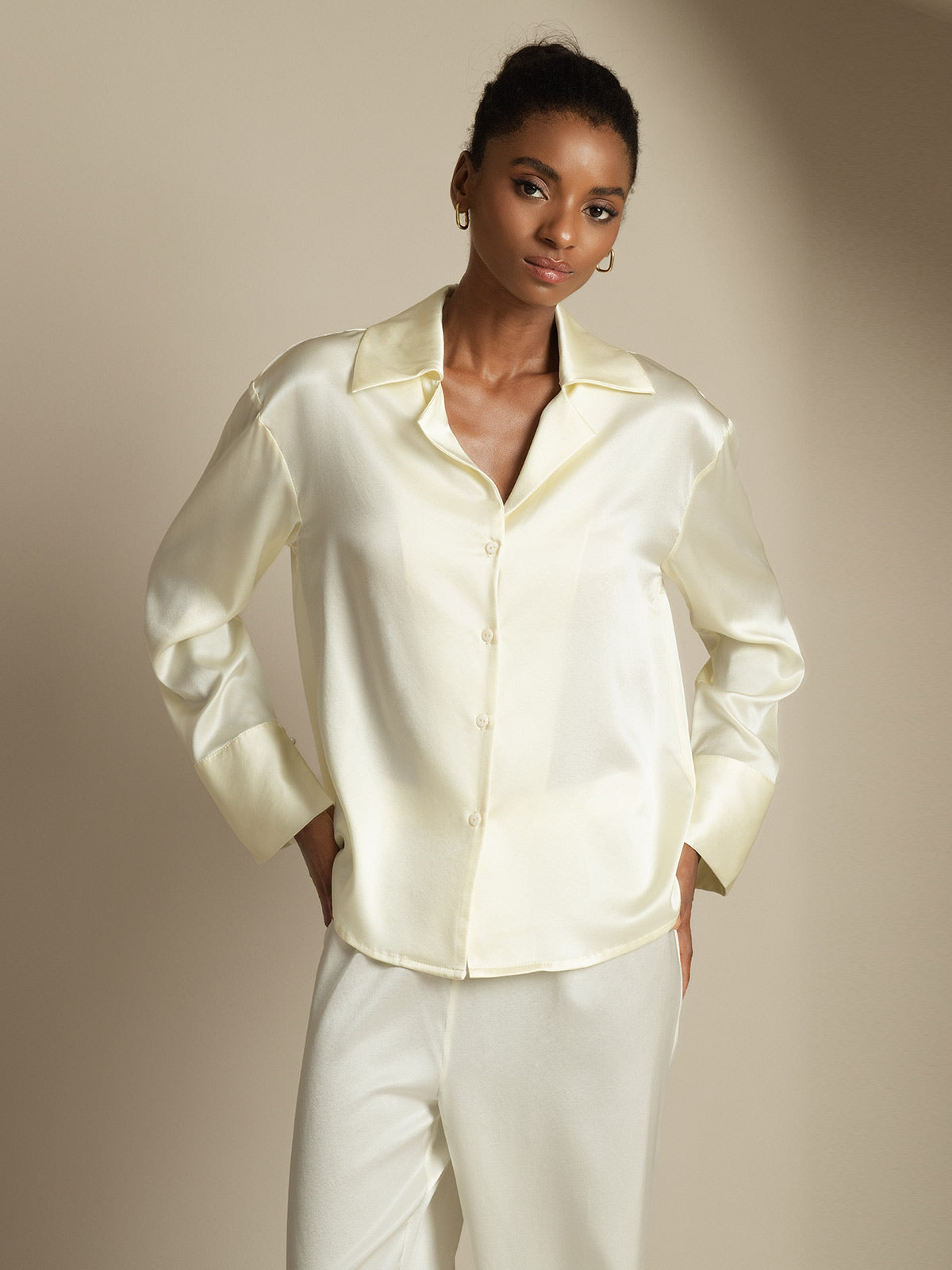 [عاج] SilkSilky-SA 19Momme الحرير Notch Collar بلايز نسائية 005