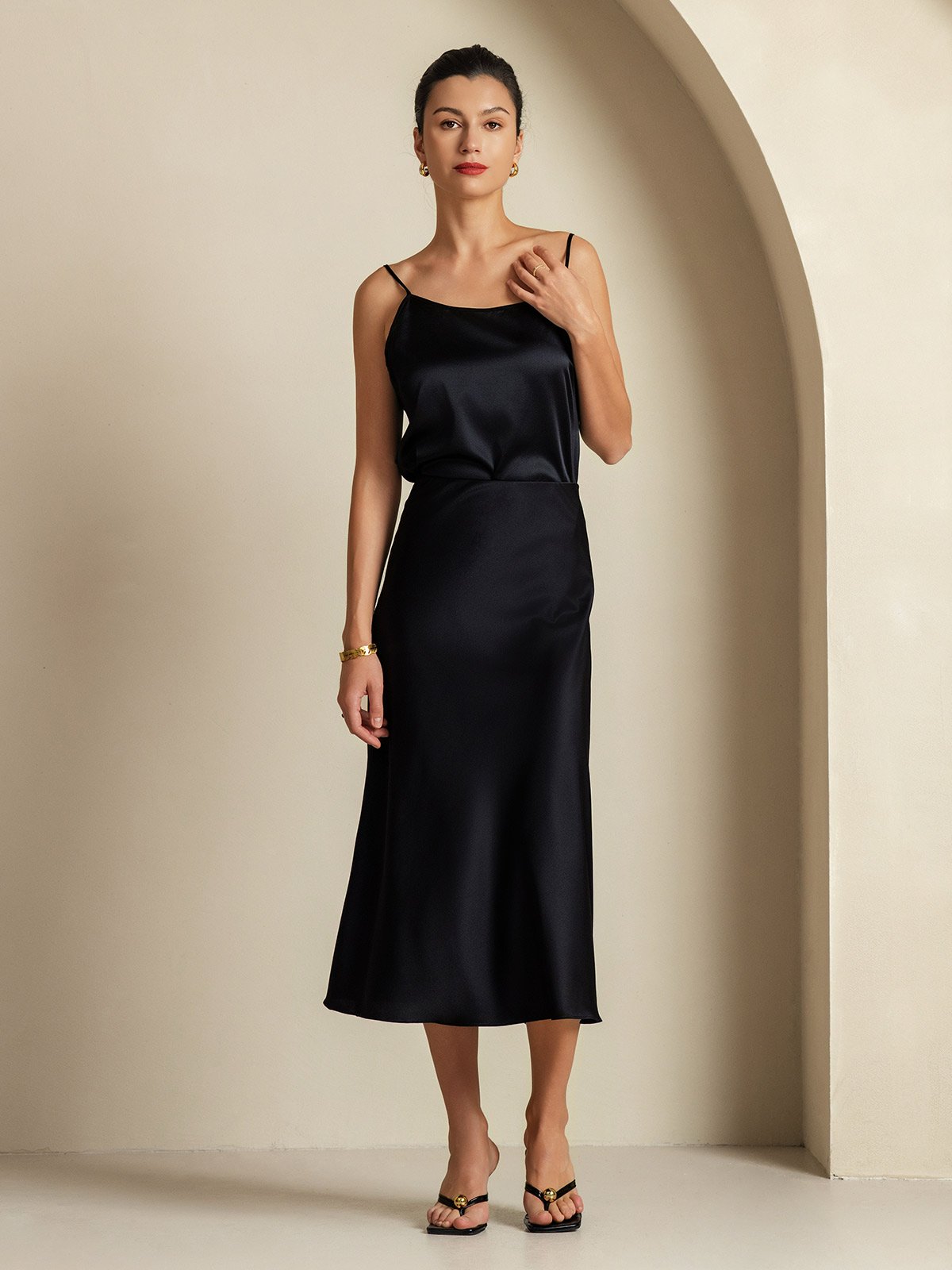 [أسود] SilkSilky-SA 19Momme الحرير الخالص Womens Outfit Sets 006,