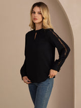 [أسود] SilkSilky-SA Long Sleeve Keyhole Neck بلوزات نسائية 004