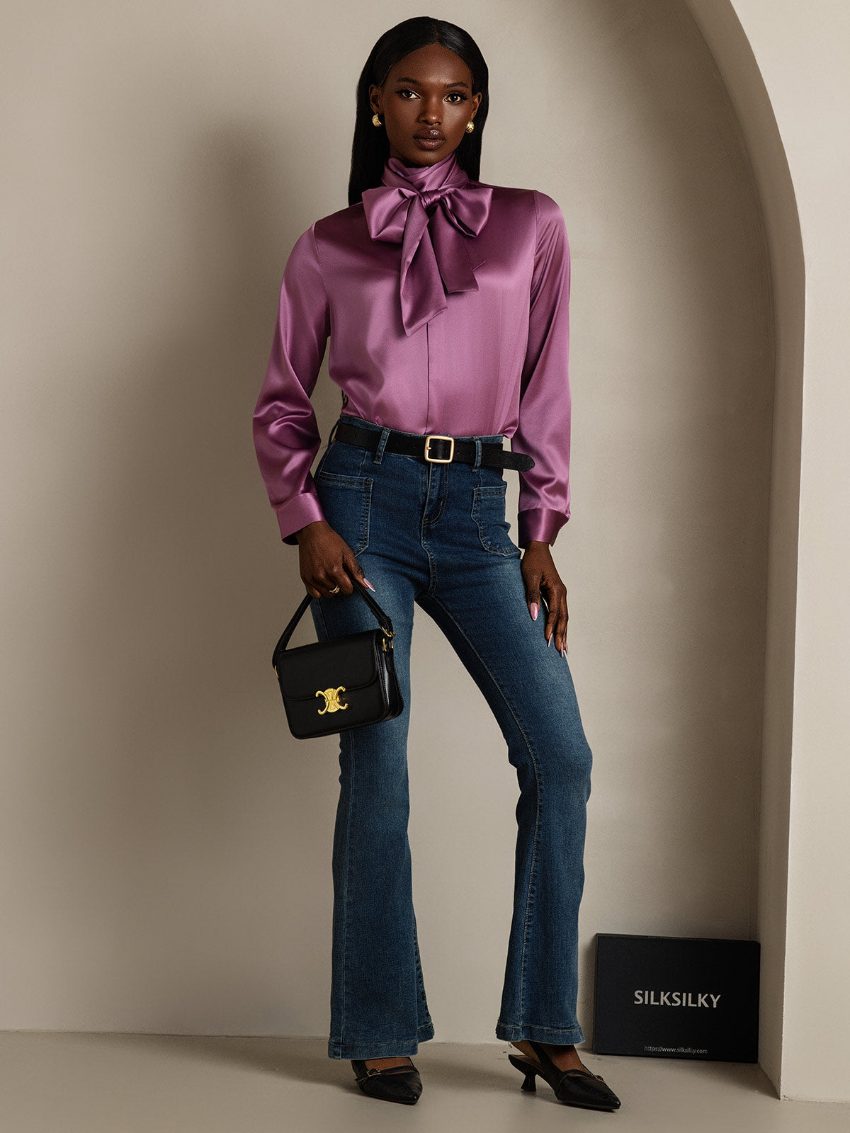 [الأرجواني الداكن] SilkSilky-SA 19Momme الحرير الأكمام الطويلة تعادل الرقبة بلوزة 007