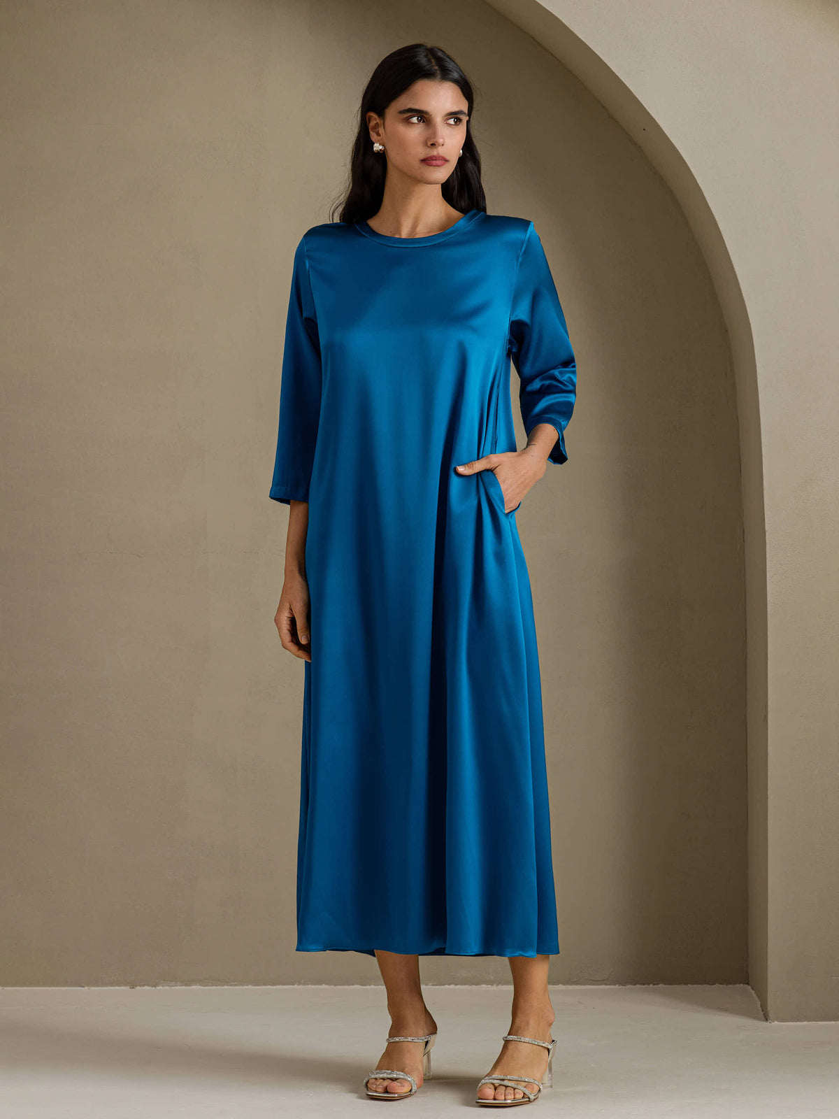 [المياه الخضراء] SilkSilky-SA 3/4 Sleeve Round Neck فساتين نسائية 001