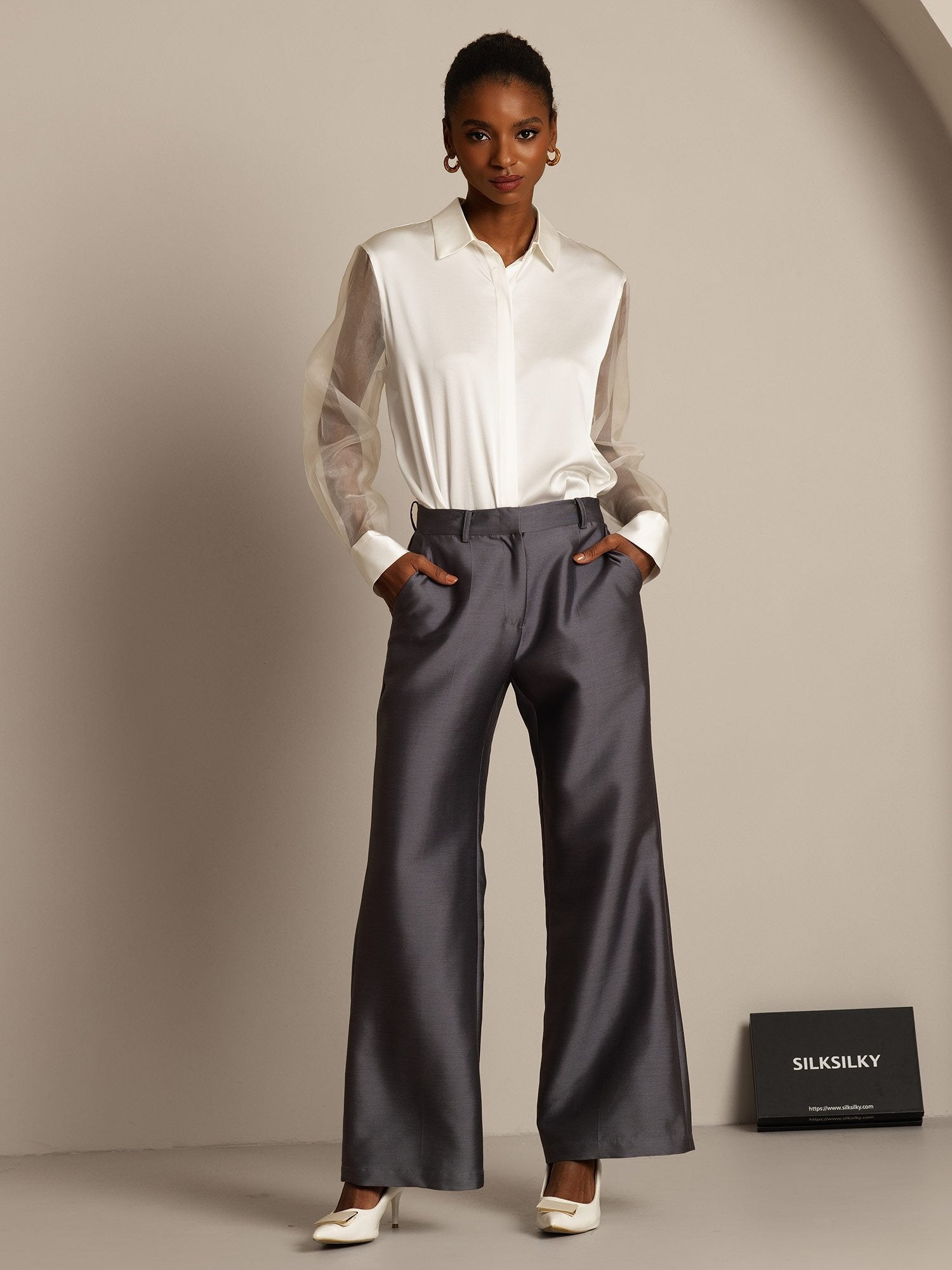 [رمادي] SilkSilky-SA 32Momme الحرير Womens Pants 006,