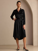 [أسود] SilkSilky-SA Long Sleeve Lapel Collar فساتين نسائية 001