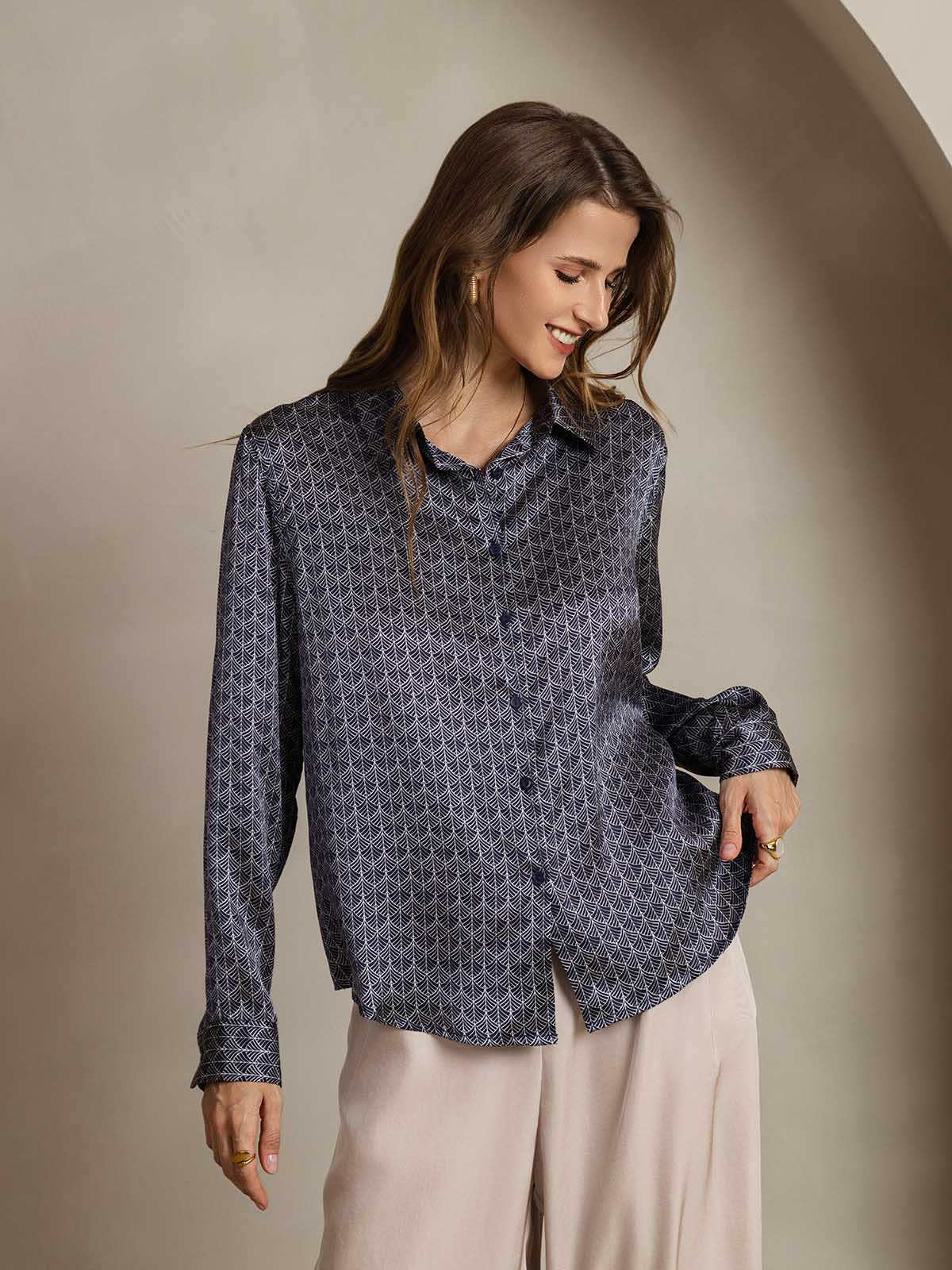 [جنكو كحلي] SilkSilky-SA الحرير Lapel Collar بلايز نسائية 005