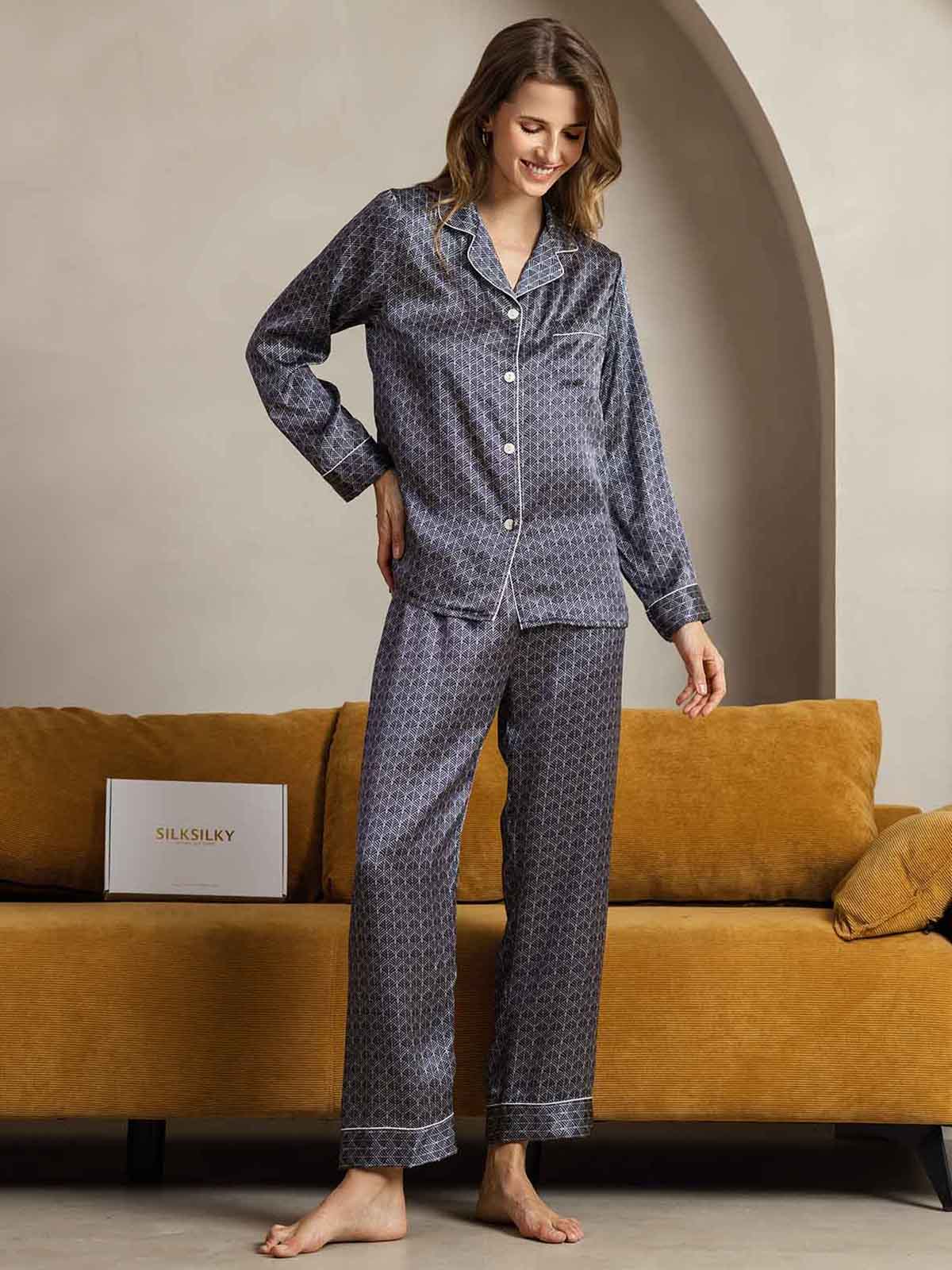 [جنكو كحلي] SilkSilky-SA الحرير الخالص Womens Pajamas 004