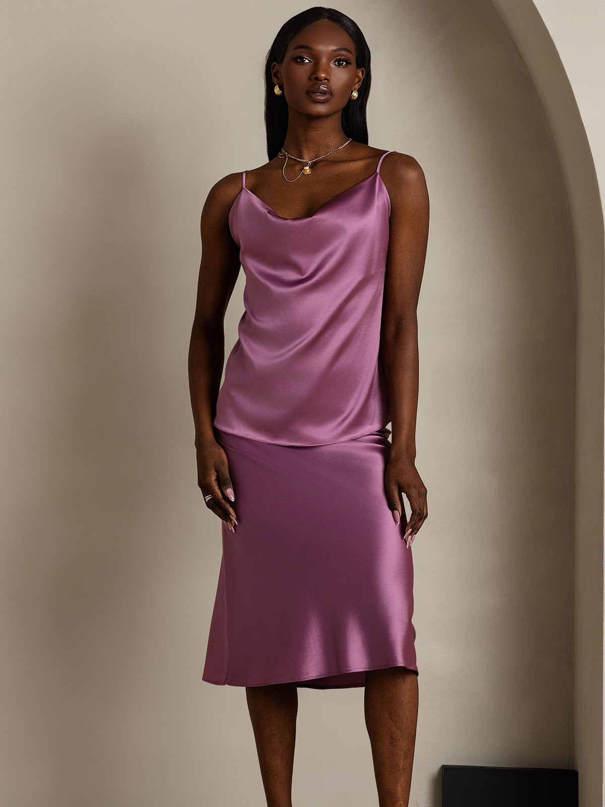 [الأرجواني الداكن] SilkSilky-SA 19Momme الحرير فتحة عنق بثنيات ملفوفة كامي 005