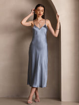 [أزرق رمادي] SilkSilky-SA Sleeveless V Neck فساتين نسائية 006