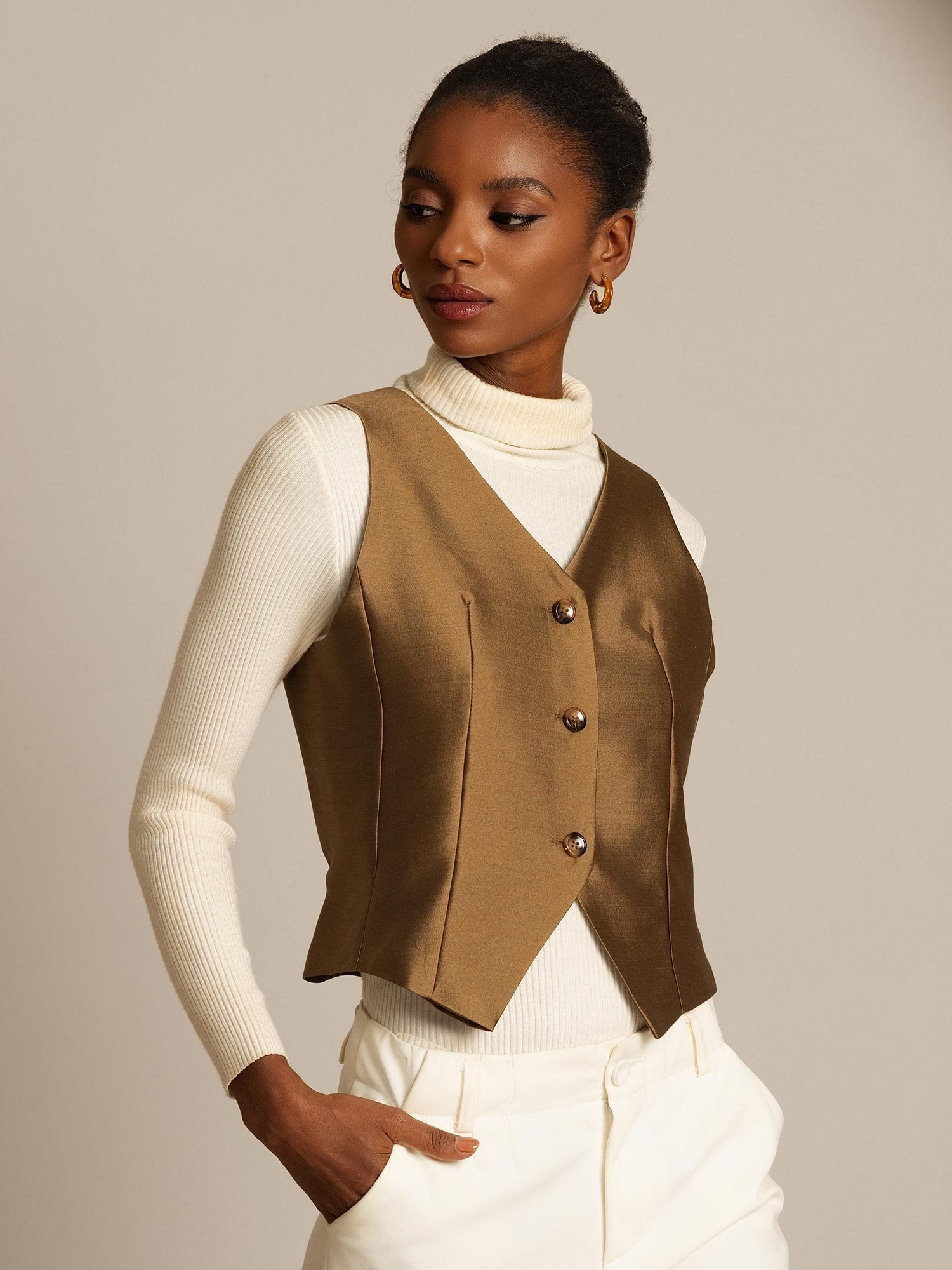 [برونزي] SilkSilky-SA 32Momme الحرير رقبة على شكل حرف V سترة نسائية 004,