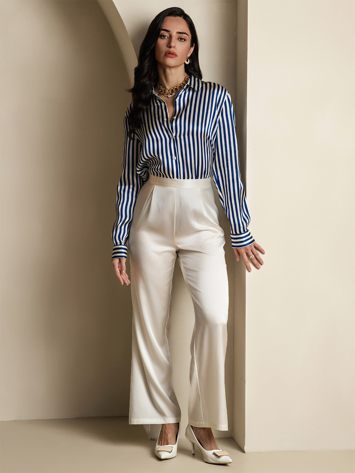 [الخط البحري] SilkSilky-SA الحرير Lapel Collar بلايز نسائية 007,