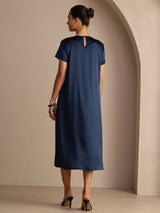 [أزرق غامق] SilkSilky-SA Short Sleeve Round Neck فساتين نسائية 002