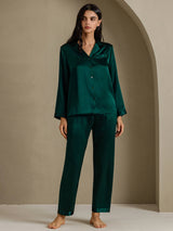 [أخضر غامق] SilkSilky-SA Long Sleeve Lapel Collar طقم بيجامة نسائي 006