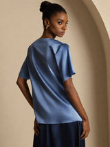 [أزرق بترولي حقيقي] SilkSilky-SA Short Sleeve Cowl Neck بلوزات نسائية 002