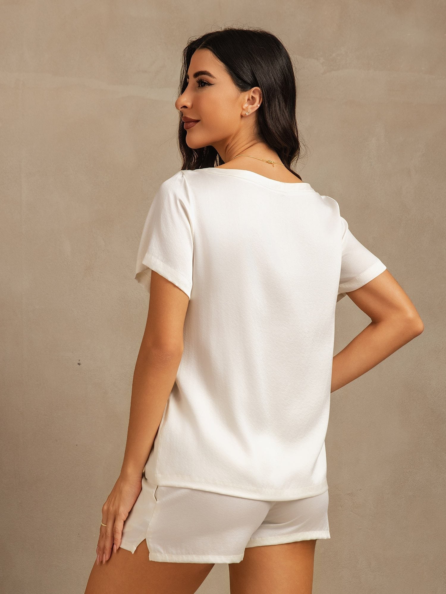 [أبيض] SilkSilky-SA 19Momme الحرير رقبة مستديرة طقم بيجامة نسائي 002