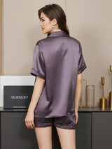 [رمادي أرجواني] SilkSilky-SA Short Sleeve Lapel Collar طقم بيجامة نسائي 002