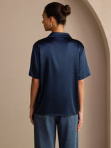 [أزرق غامق] SilkSilky-SA Short Sleeve Notch Collar بلايز نسائية 002