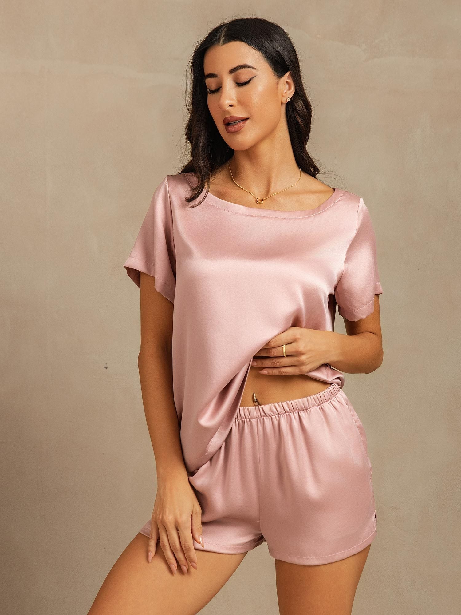 [بشرةالخوخ] SilkSilky-SA 19Momme الحرير رقبة مستديرة طقم بيجامة نسائي 005