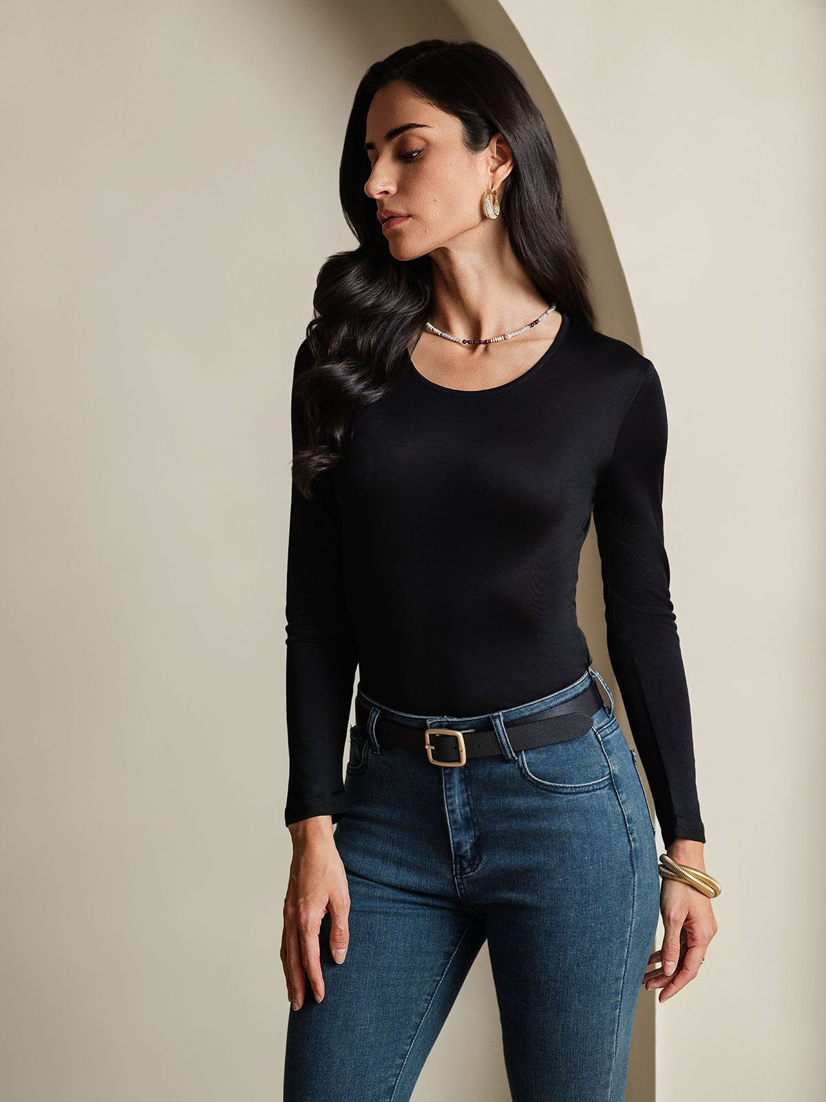 [أسود] SilkSilky-SA الحرير رقبة مستديرة تي شيرت نسائية 004,