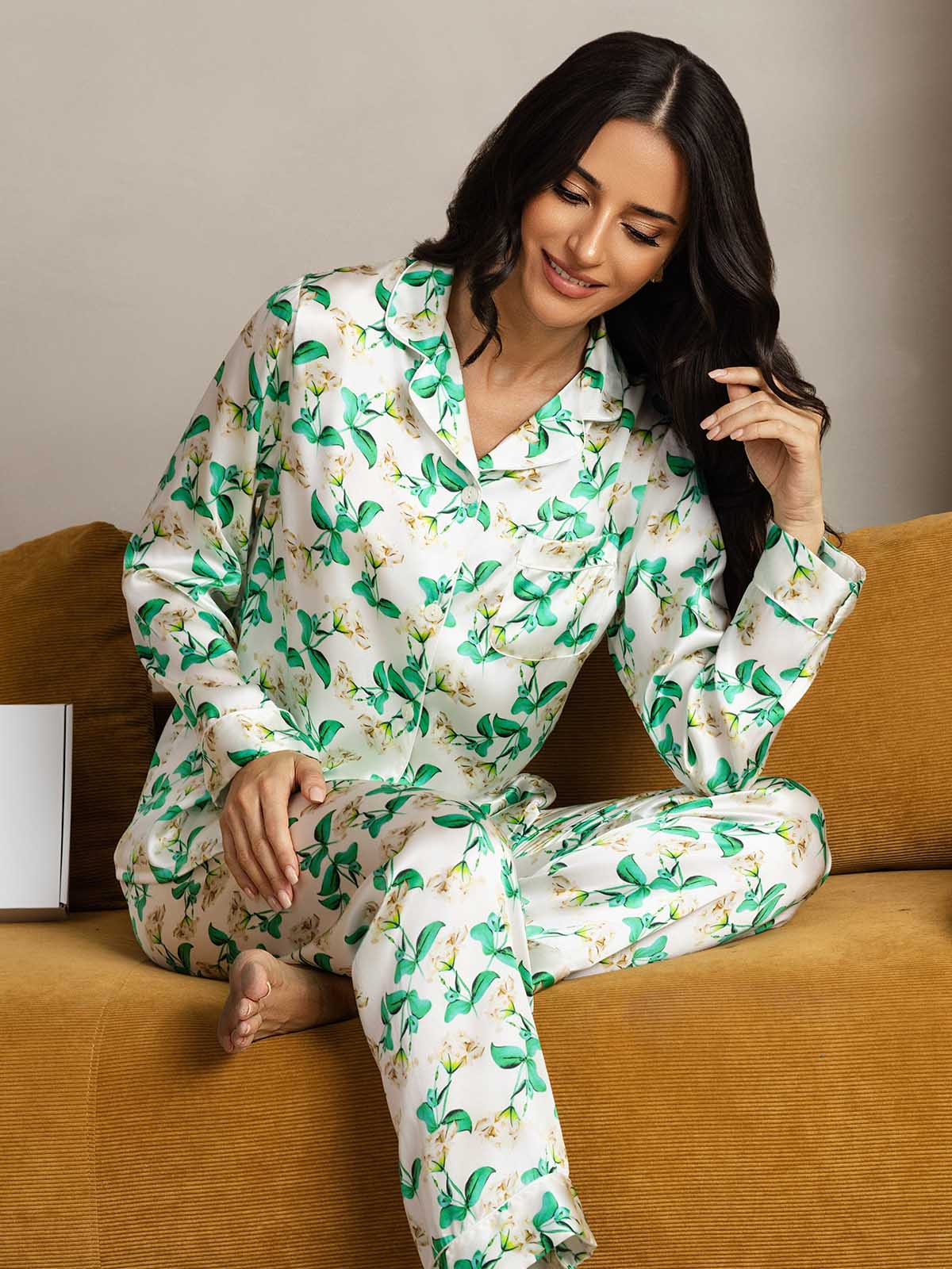 [زهري أخضر] SilkSilky-SA الحرير الخالص Womens Pajamas 003