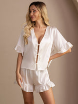 [أبيض] SilkSilky-SA Short Sleeve V Neck طقم بيجامة نسائي 001