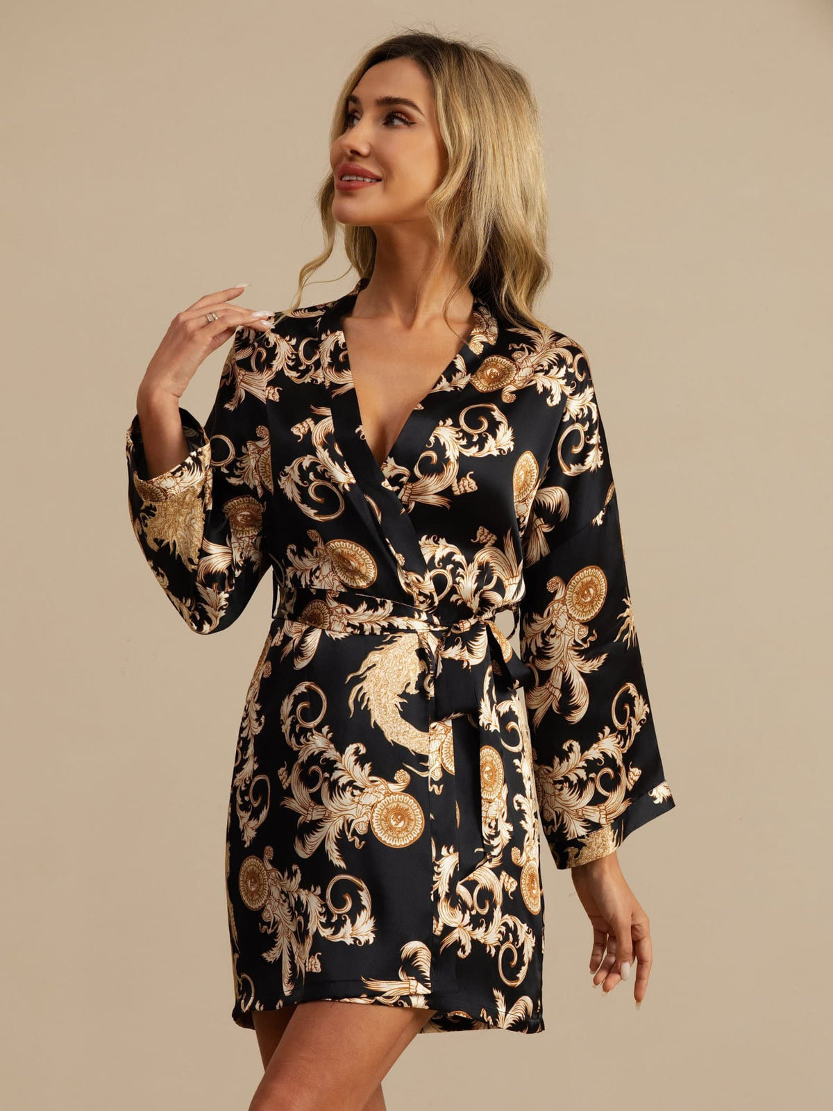 [التنين الأسود] SilkSilky-SA 3/4 Sleeve رداء حمام نسائي 001