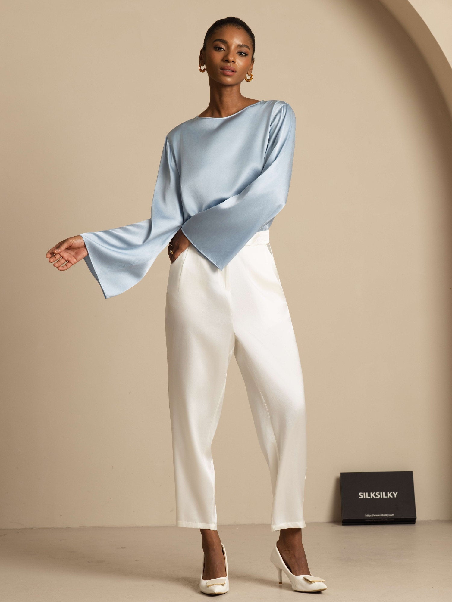 [أزرق رمادي] SilkSilky-SA 19Momme الحرير الأكمام الطويلة رقبة مستديرة بلوزة 008