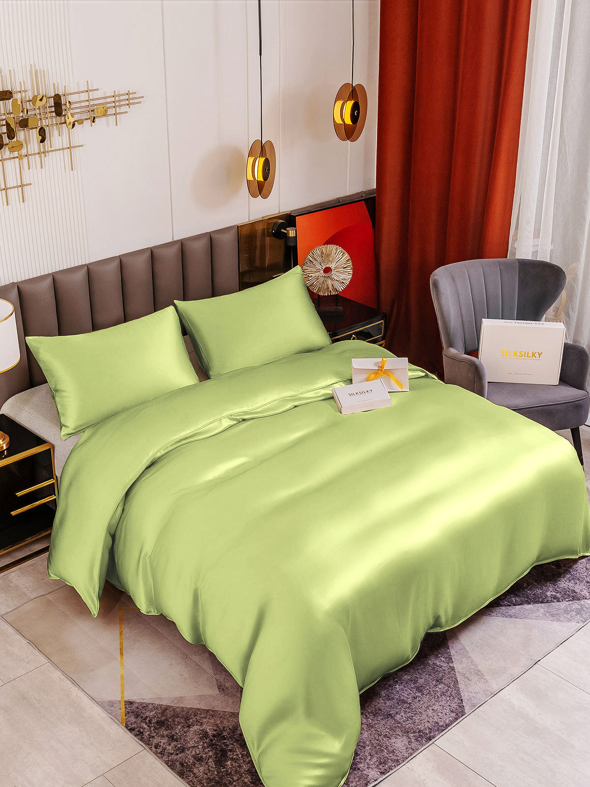 SilkSilky SA 19Momme الحرير الخالص Bedding Set المياهالخضراء 009