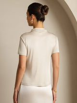 [رمادي] SilkSilky-SA 100% Silk Jersey Short Sleeve ياقة نصف عالية تي شيرت نسائية 002