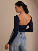 [أزرق غامق] SilkSilky-SA Long Sleeve رقبة على شكل حرف U تي شيرت نسائية 002