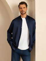 [أزرق غامق] SilkSilky-SA Long Sleeve Stand Collar قميص رجالي 003