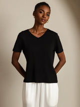 [أسود] SilkSilky-SA Short Sleeve V Neck تي شيرت نسائية 001