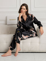 [أسود] SilkSilky-SA Long Sleeve Lapel Collar طقم بيجامة نسائي 001