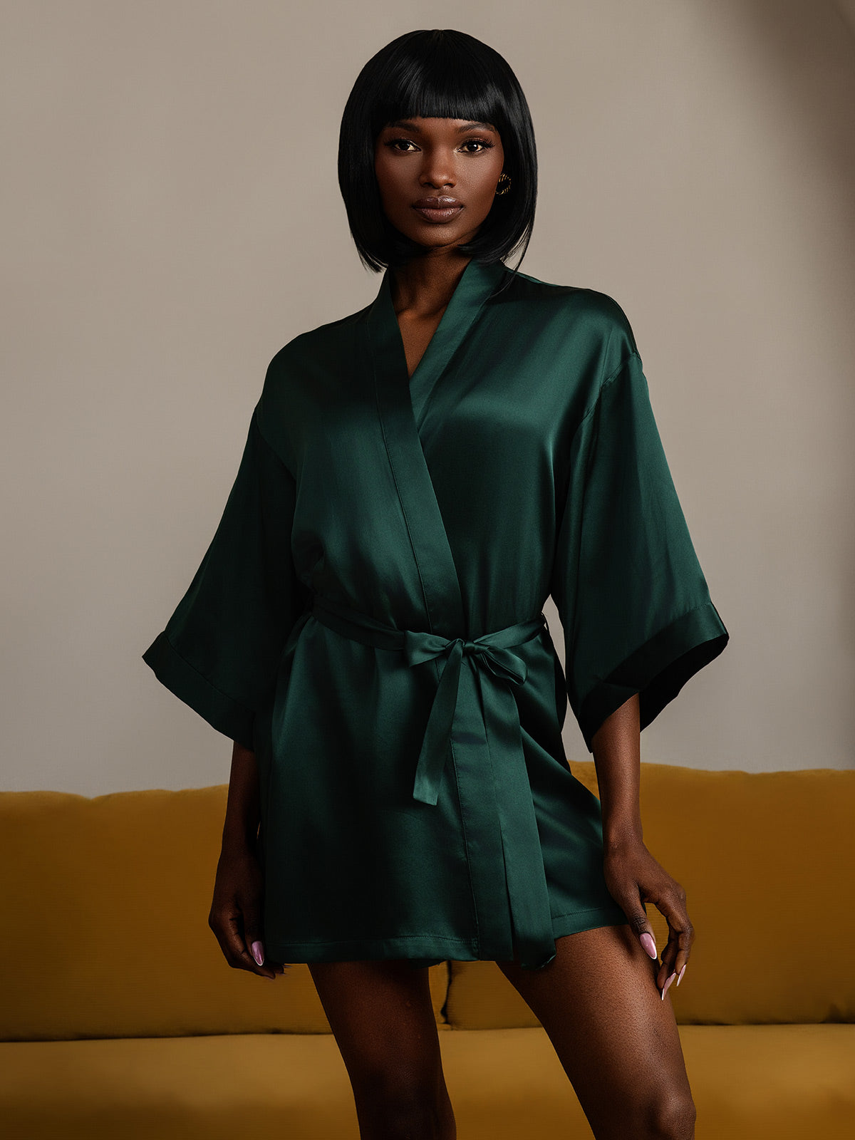 [أخضرغامق] SilkSilky-SA الحرير الخالص نصف الأكمام Womens Robe 006
