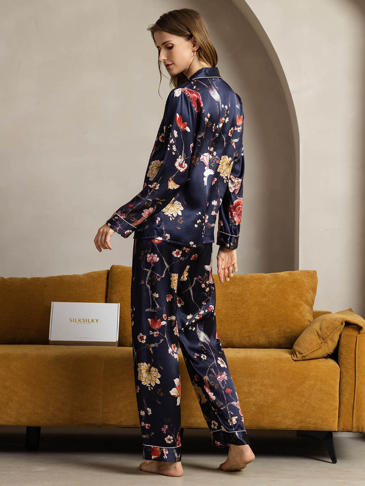 [زهري كحلي] SilkSilky-SA الحرير الخالص Womens Pajamas 002
