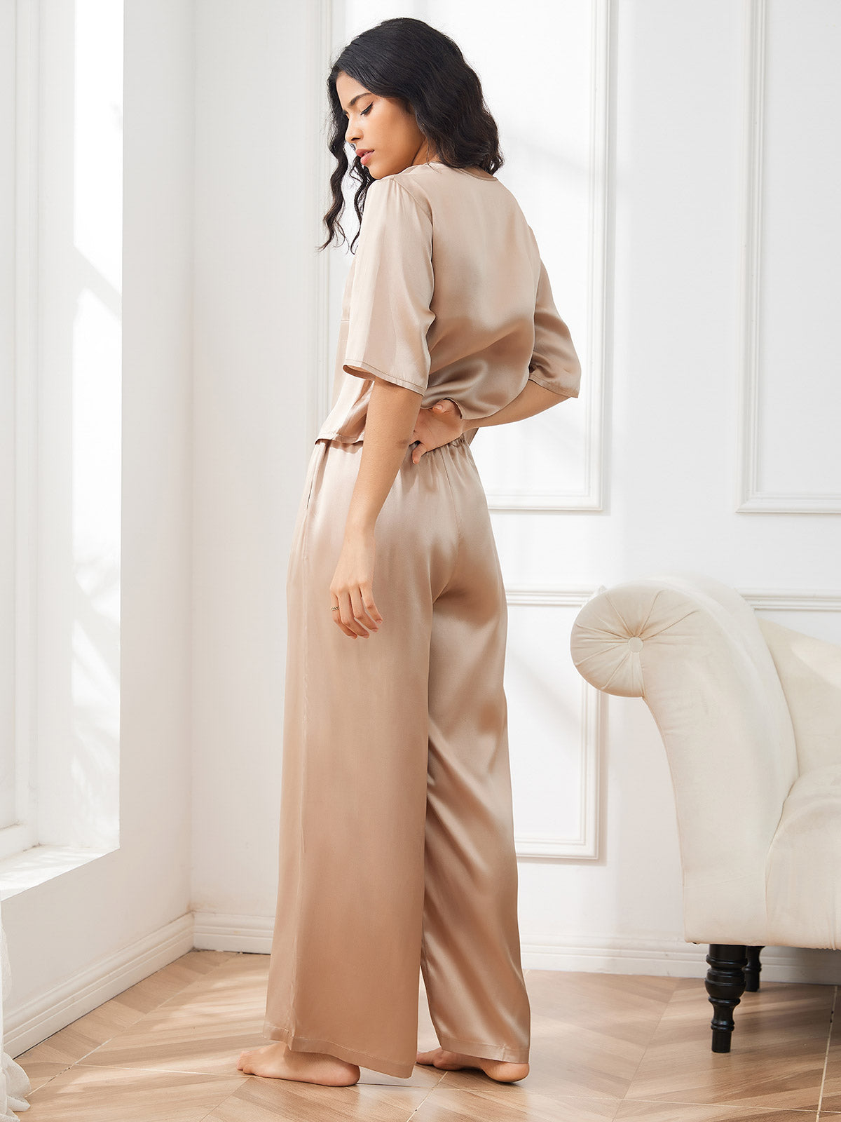 [شامبانيا] SilkSilky-SA Half Sleeve Round Neck طقم بيجامة نسائي 002