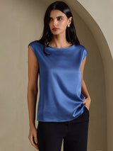 [أزرق بترولي حقيقي] SilkSilky-SA Cap Sleeve Round Neck تي شيرت نسائية 001