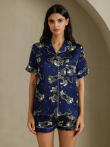 [أسد أزرق داكن] SilkSilky-SA Short Sleeve Notch Collar طقم بيجامة نسائي 001