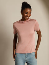 [لون القرنفل] SilkSilky-SA 100% Silk Jersey Short Sleeve ياقة نصف عالية تي شيرت نسائية 003