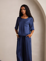 [أزرق غامق] SilkSilky-SA Half Sleeve Round Neck طقم بيجامة نسائي 003