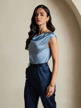[أزرق رمادي] SilkSilky-SA Cap Sleeve Cowl Neck تي شيرت نسائية 004