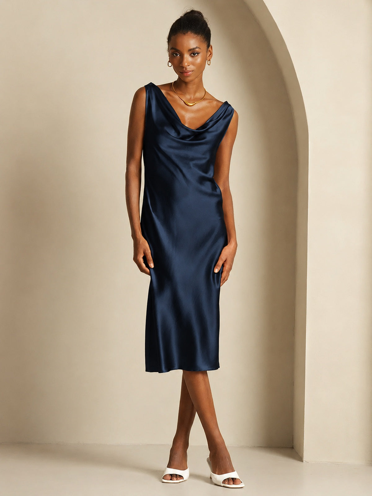 [أزرق غامق] SilkSilky-SA Sleeveless Cowl Neck فساتين نسائية 001