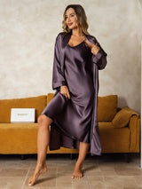 [رمادي أرجواني] SilkSilky-SA Long Sleeve V Neck رداء الحمام وقميص النوم 009