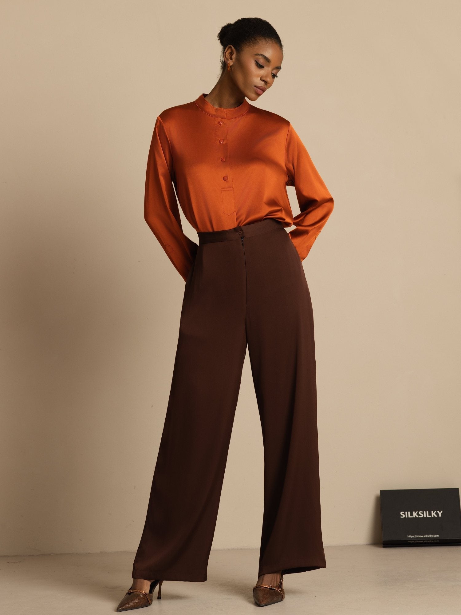 [شوكولاتة داكنة] SilkSilky-SA 19Momme الحرير Womens Pants 007
