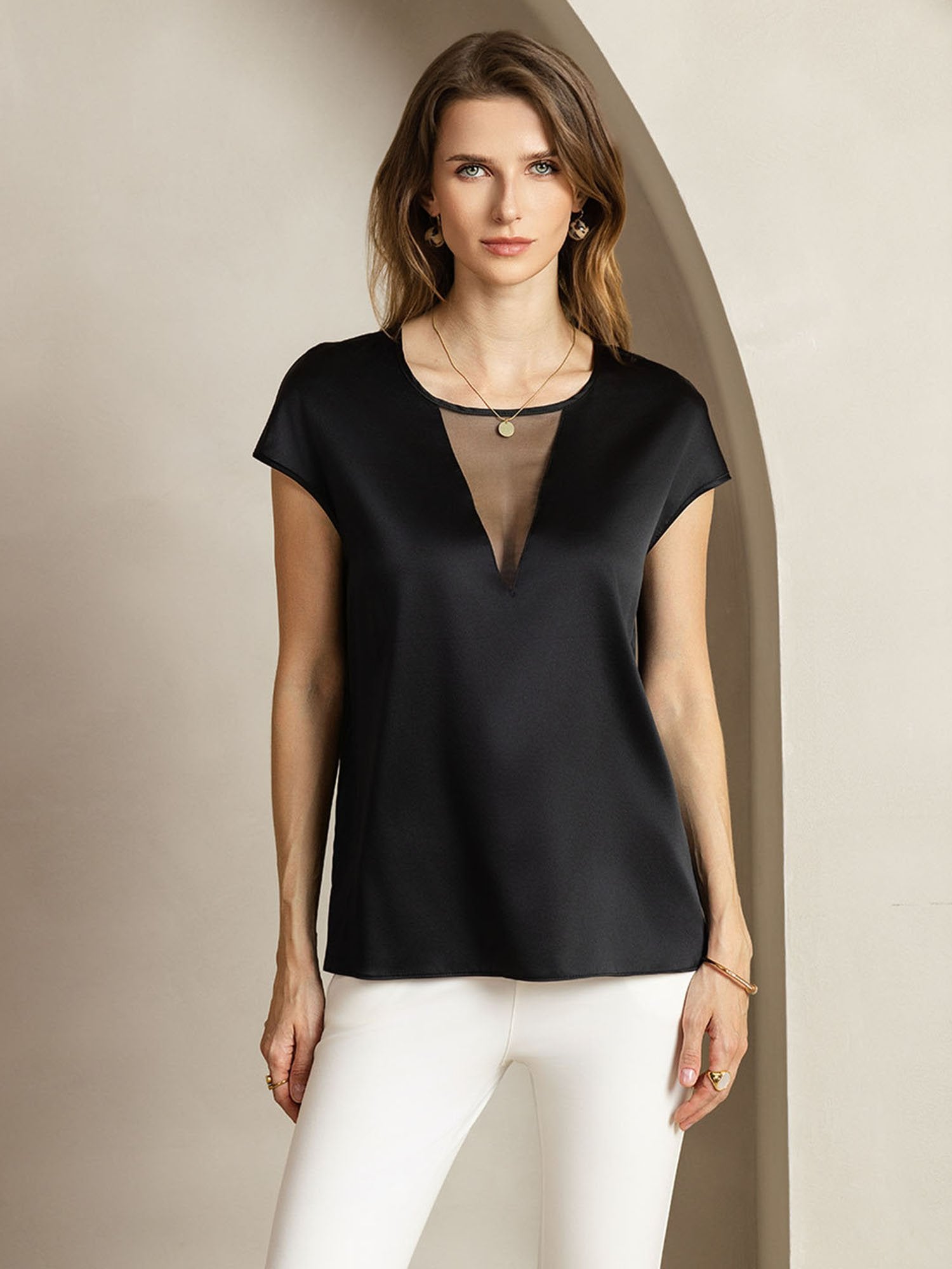 [أسود] SilkSilky-SA 19Momme الحرير Halter Neck تي شيرت نسائية 001