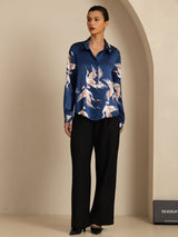 [أزرق غامق] SilkSilky-SA Long Sleeve Lapel Collar بلايز نسائية 008