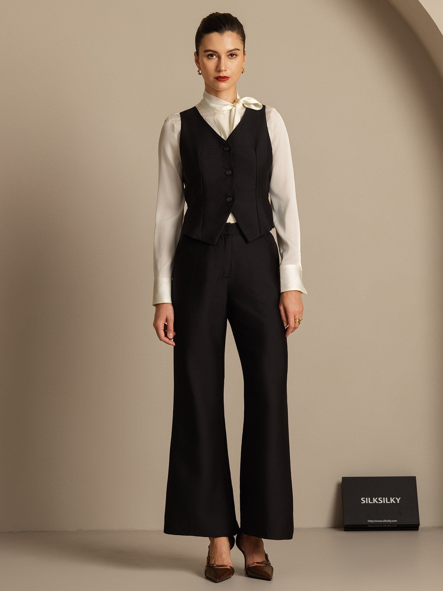 [أسود] SilkSilky-SA 32Momme الحرير رقبة على شكل حرف V سترة نسائية 003,