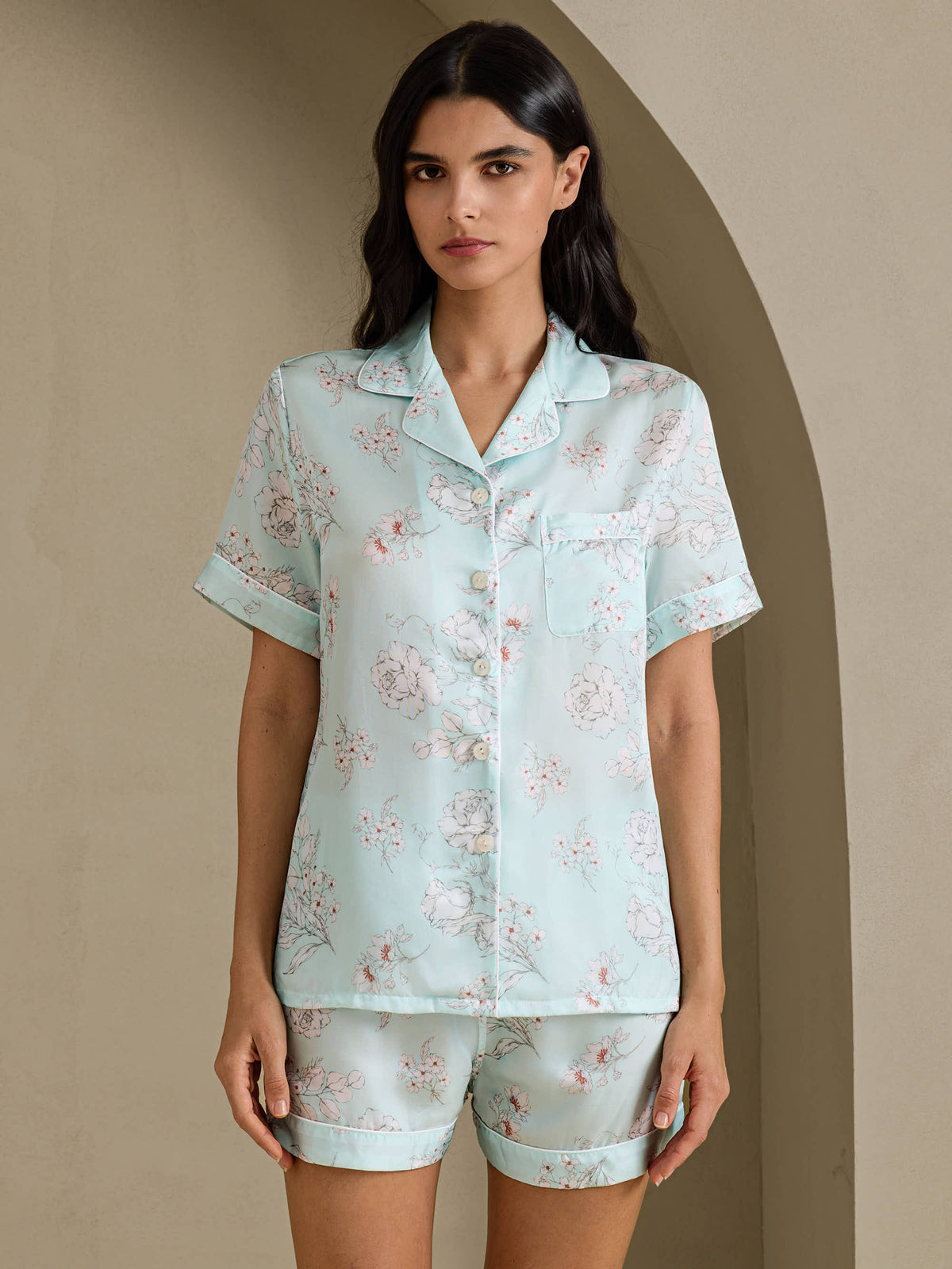 [زهور سماوية] SilkSilky-SA Short Sleeve Notch Collar طقم بيجامة نسائي 001